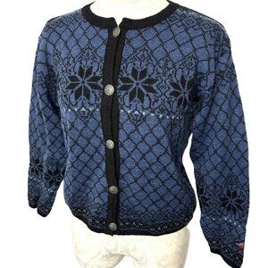 Norskwear 100% Wool Blue and Black Iconic Cardigan Sweater Size Medium